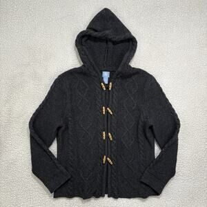 FROST 100% Lambs Wool Cardigan Sz M Toggle Buttons Grey Aran Cable Knit Hooded